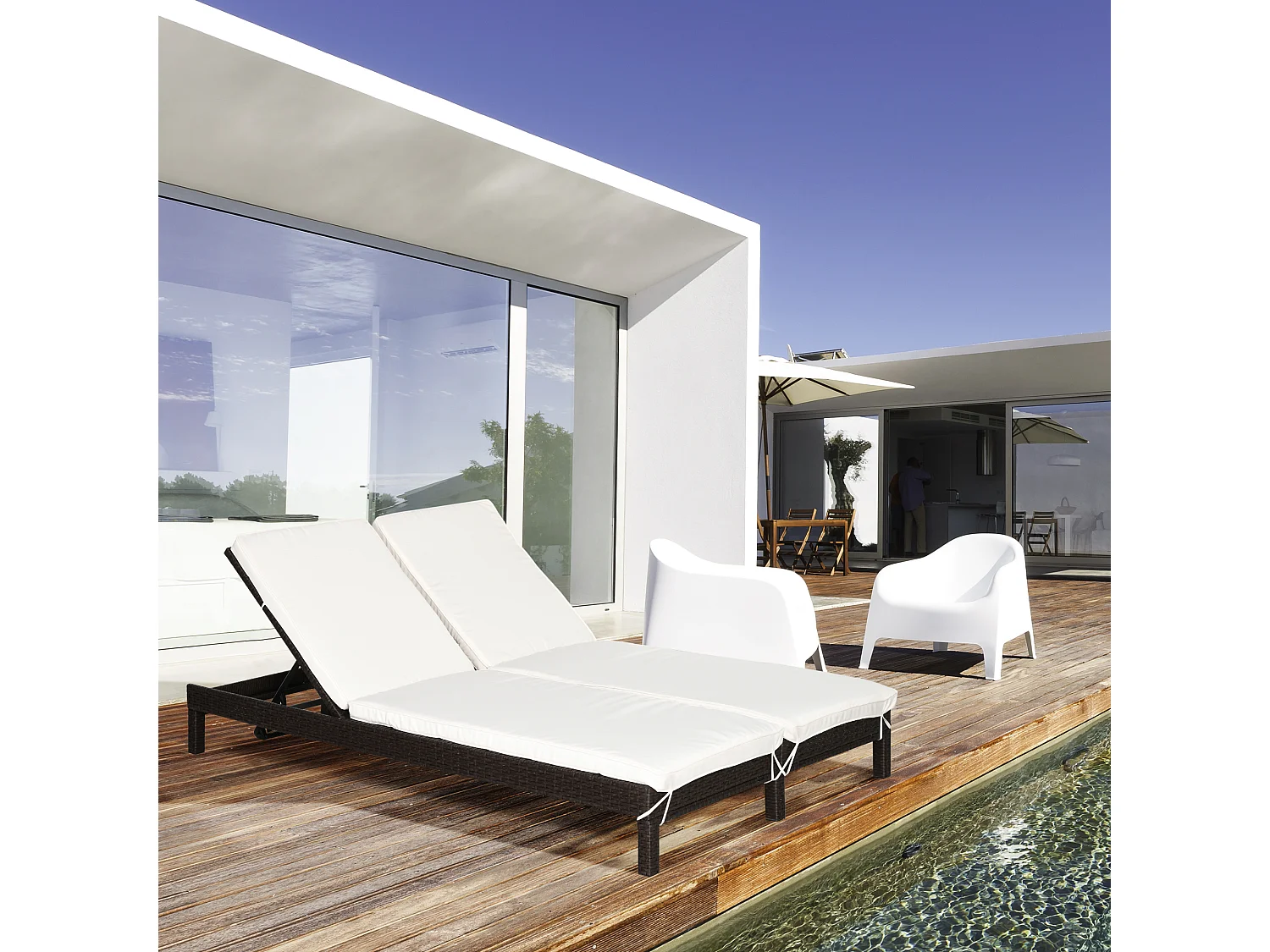 Bain de soleil transat 2 places - grand confort - dossier inclinable multi-positions - matelas fournis - résine tressée chocolat