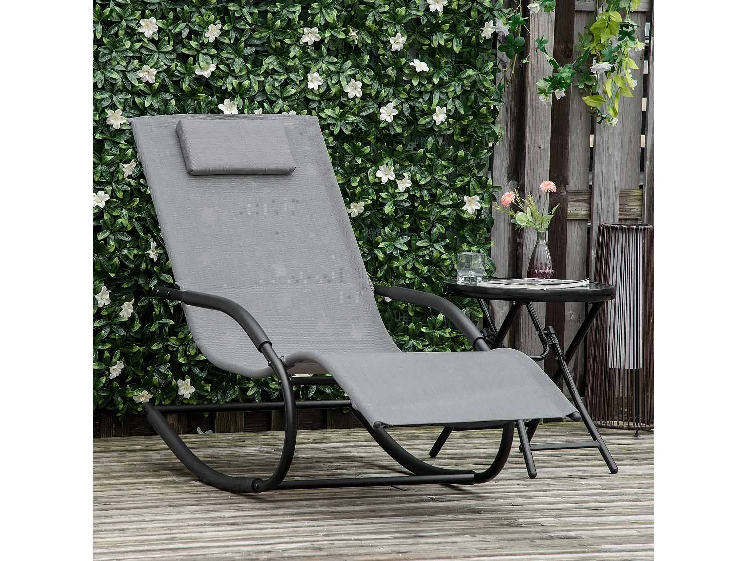 Chaise longue à bascule rocking chair design acier époxy noir textilène gri