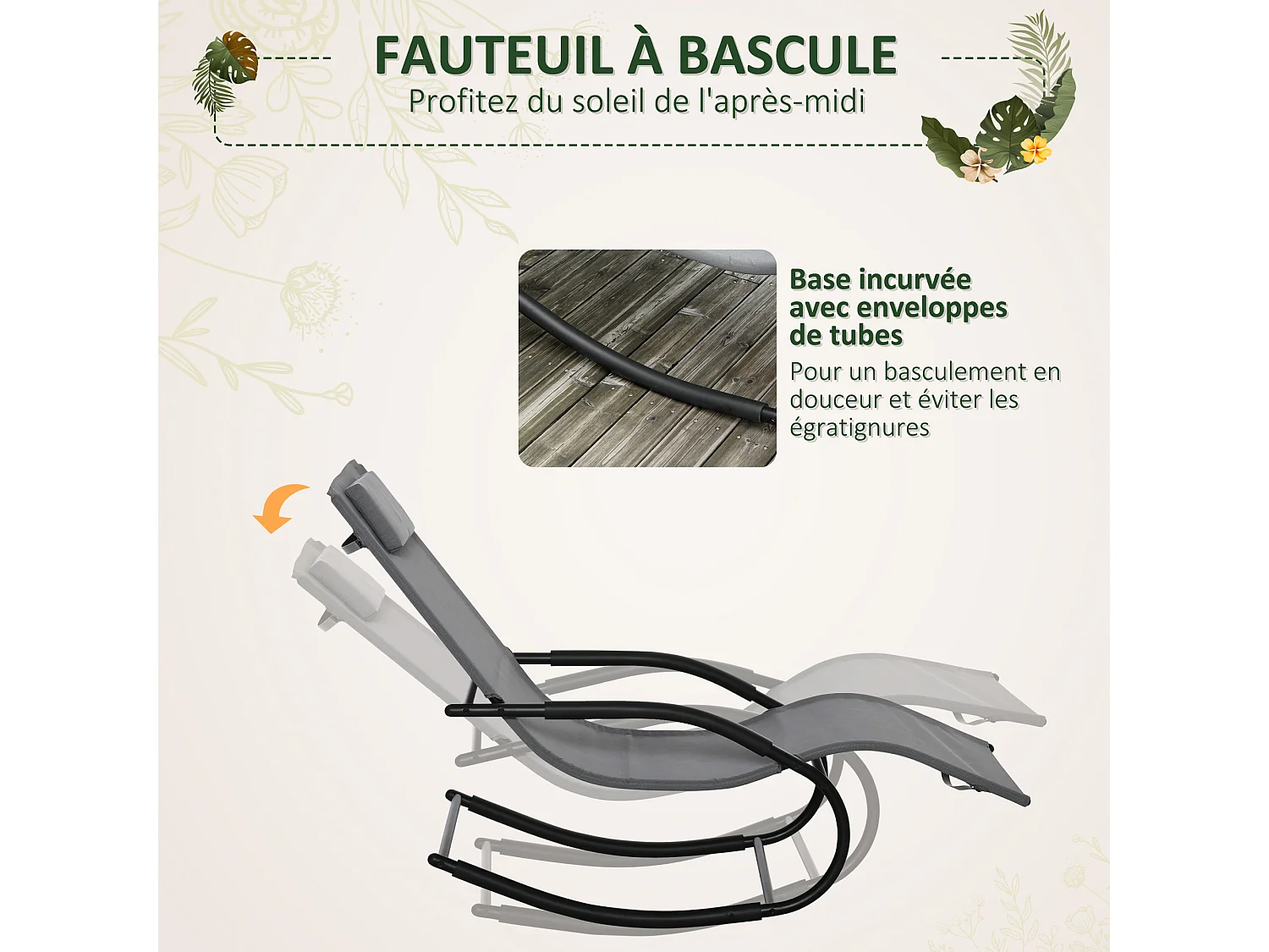 Chaise longue à bascule rocking chair design acier époxy noir textilène gri