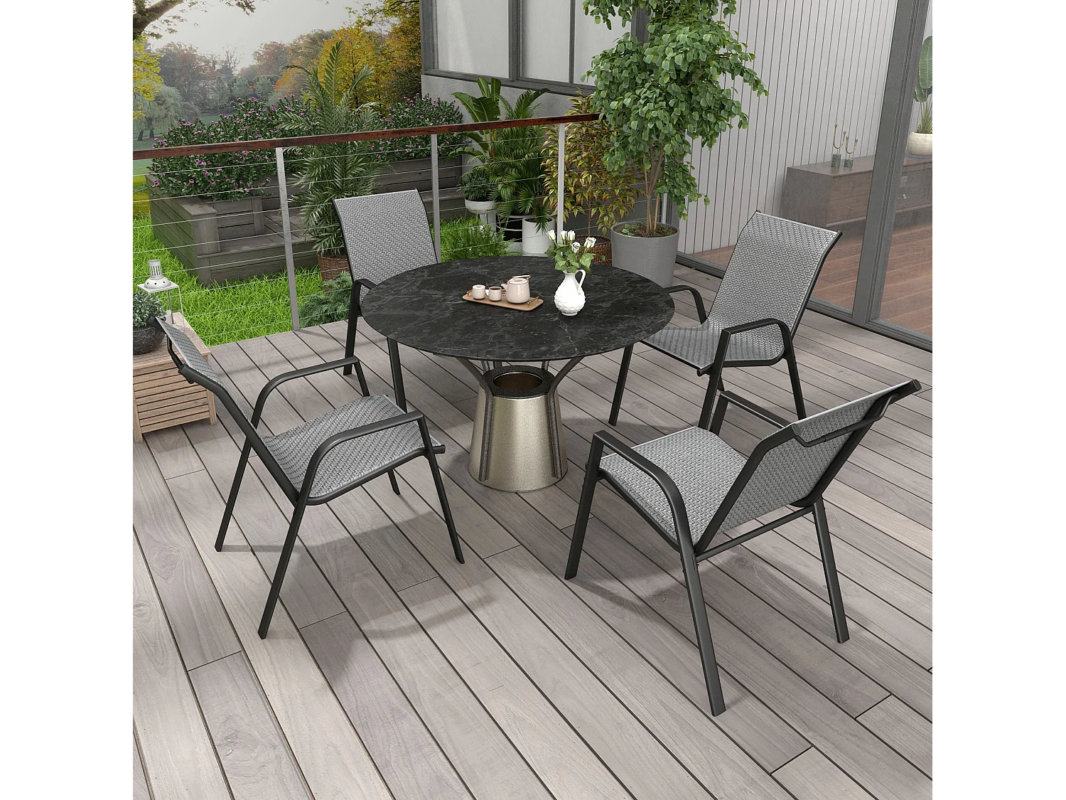 Lot de 4 chaises de jardin empilables - accoudoirs - design - acier époxy noir résine tressée grise