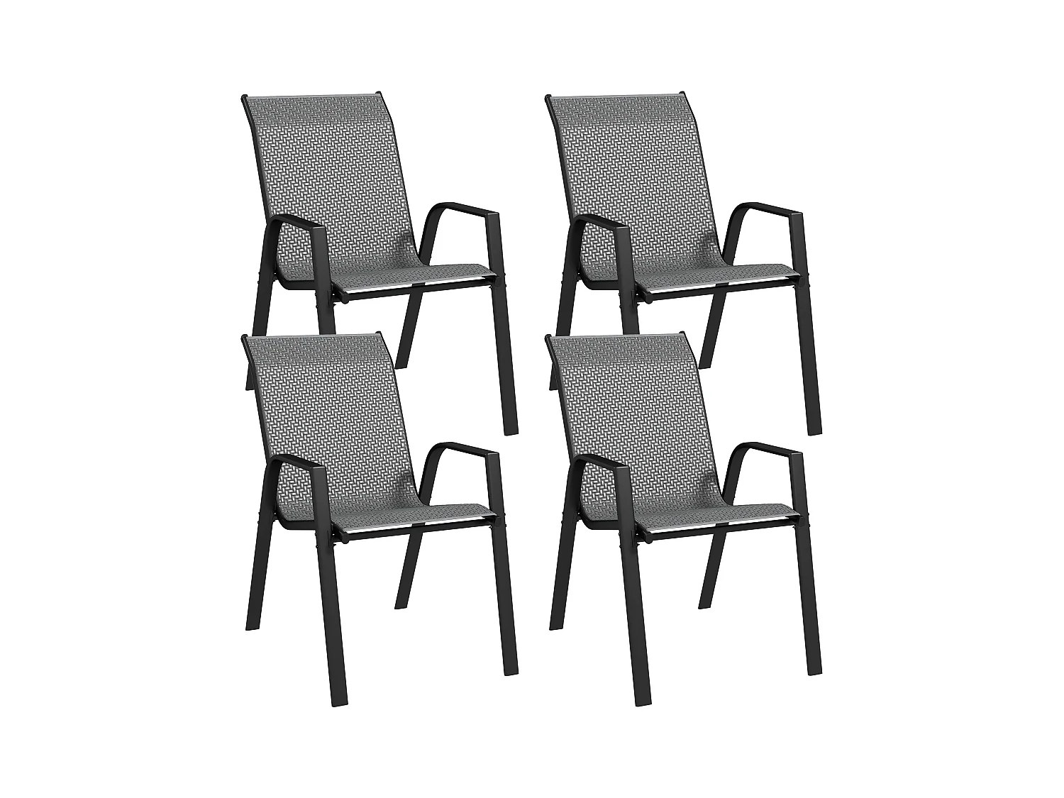 Lot de 4 chaises de jardin empilables - accoudoirs - design - acier époxy noir résine tressée grise