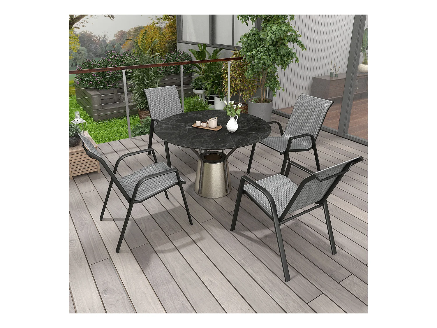 Lot de 4 chaises de jardin empilables - accoudoirs - design - acier époxy noir résine tressée grise