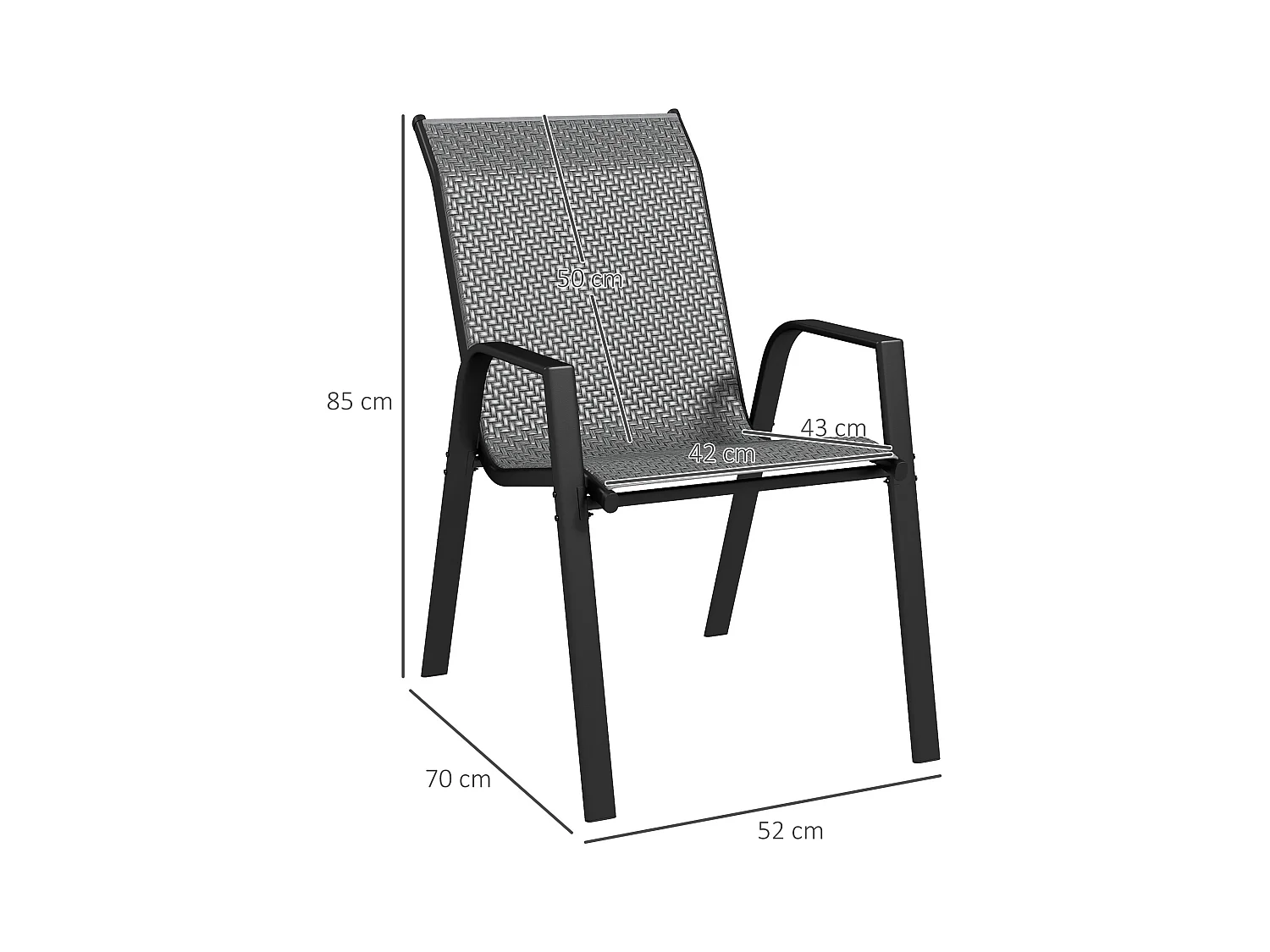 Lot de 4 chaises de jardin empilables - accoudoirs - design - acier époxy noir résine tressée grise