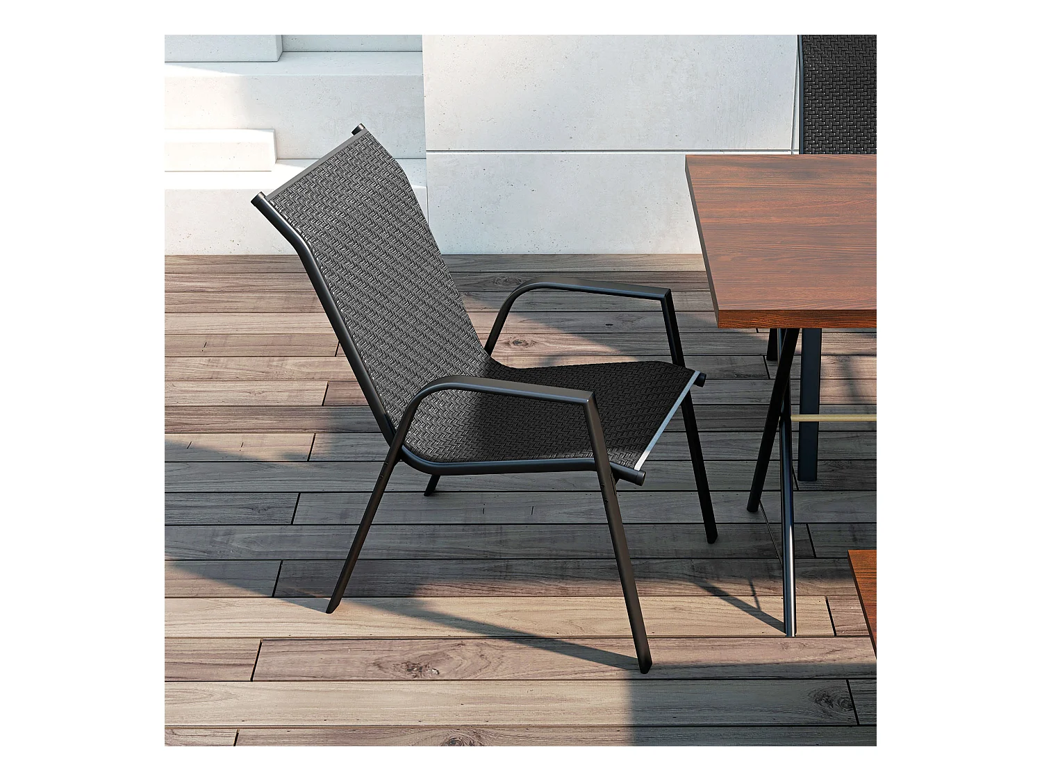 Lot de 4 chaises de jardin empilables - accoudoirs - design - acier époxy noir résine tressée grise