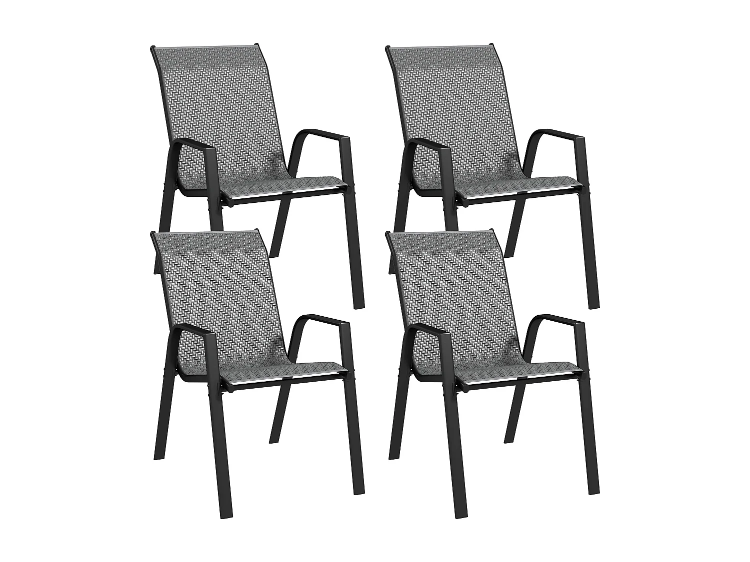 Lot de 4 chaises de jardin empilables - accoudoirs - design - acier époxy noir résine tressée grise
