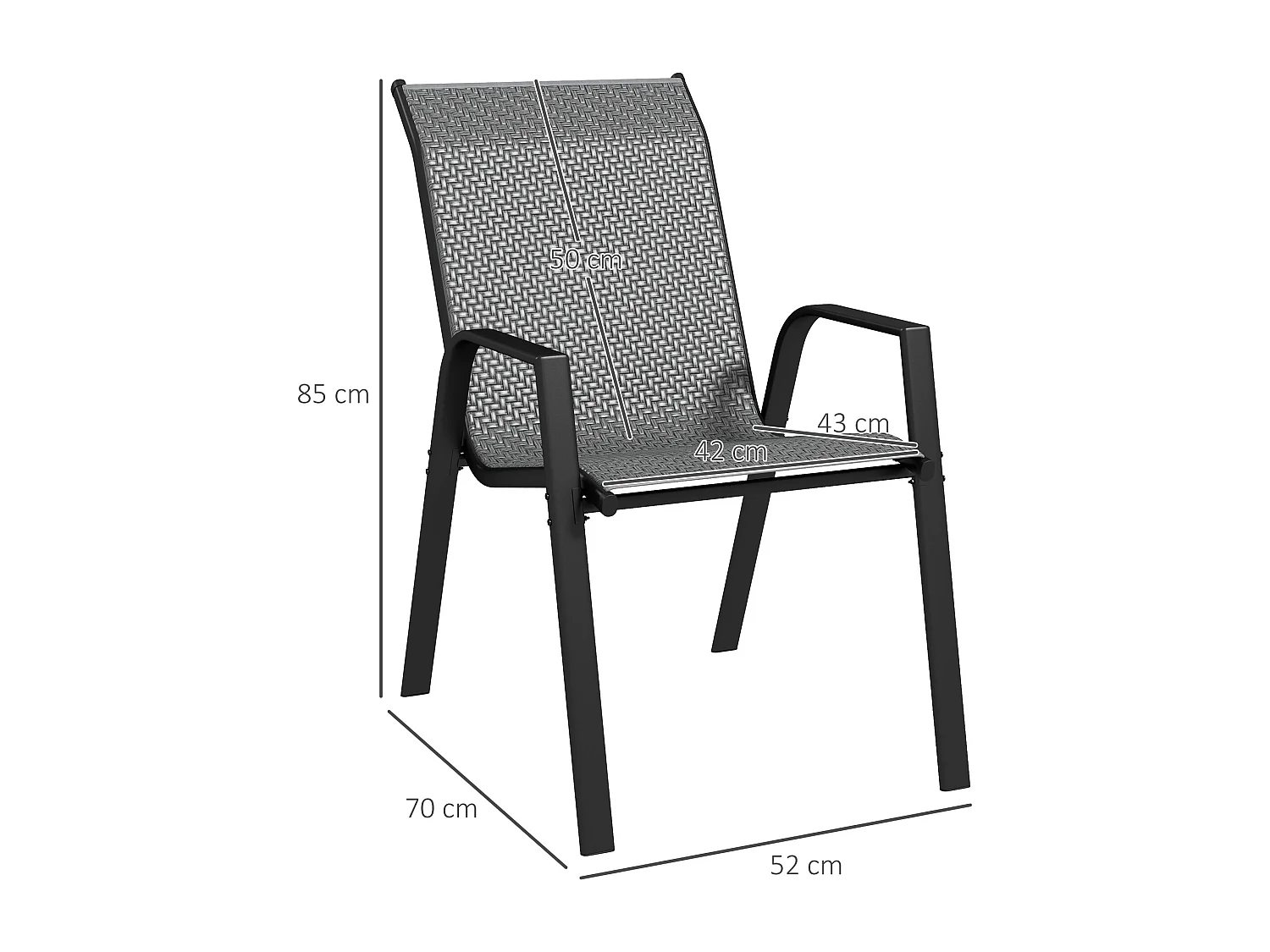 Lot de 4 chaises de jardin empilables - accoudoirs - design - acier époxy noir résine tressée grise