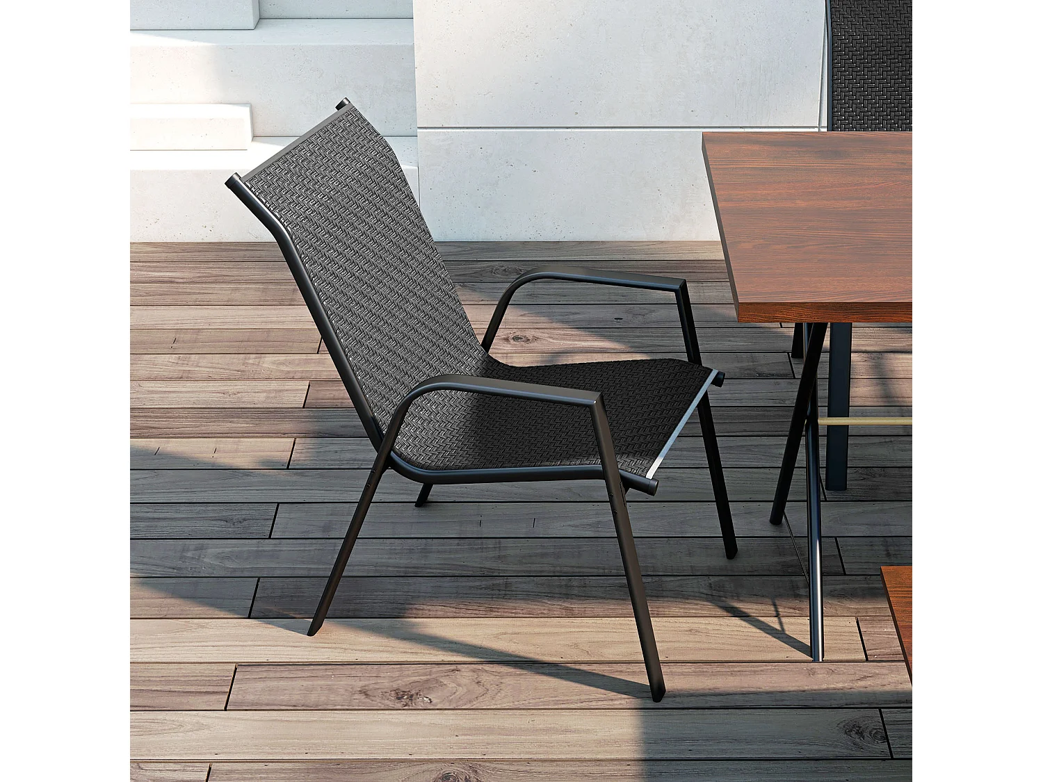 Lot de 4 chaises de jardin empilables - accoudoirs - design - acier époxy noir résine tressée grise