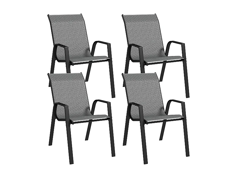 Lot de 4 chaises de jardin empilables - accoudoirs - design - acier époxy noir résine tressée grise