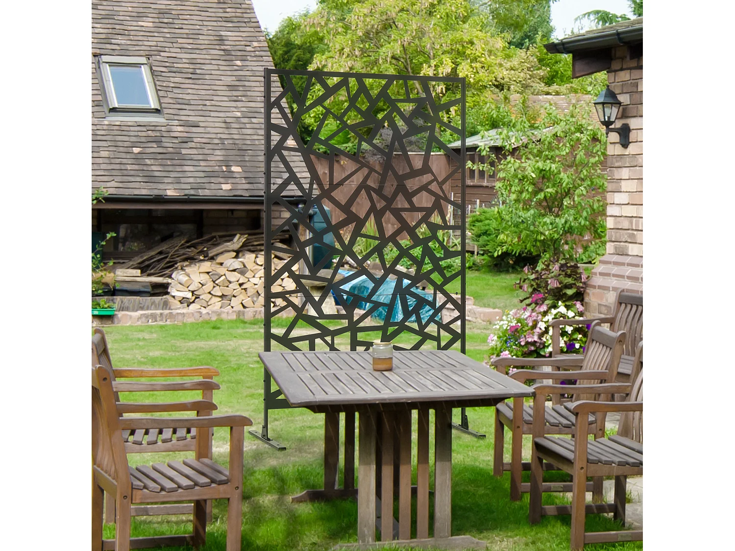 Panneau décoratif extérieur métal - brise vue motif graphique - visserie incluse - dim. 122L x 45l x 198H cm - acier thermolaqué noir