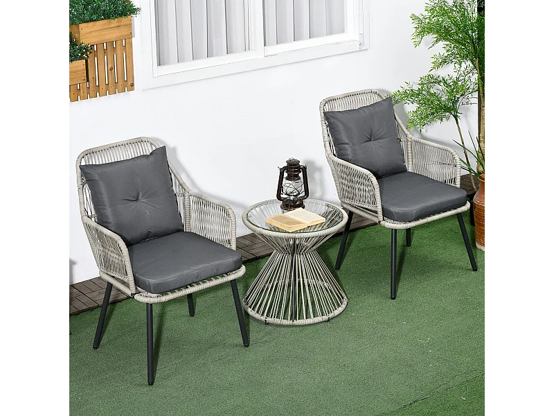 Ensemble salon de jardin 3 pièces style colonial 2 fauteuils coussins table basse acier époxy noir résine filaire gris