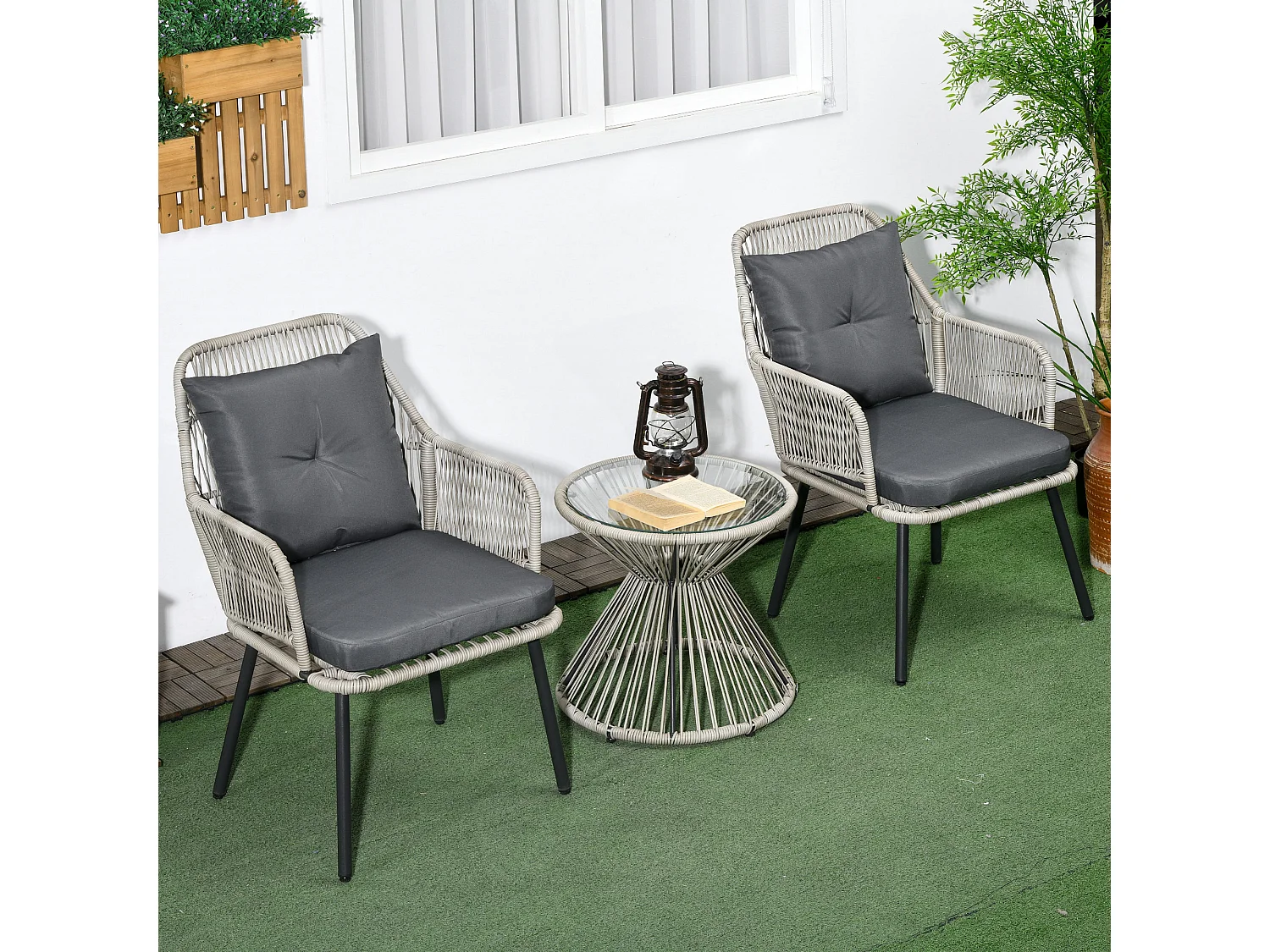 Ensemble salon de jardin 3 pièces style colonial 2 fauteuils coussins table basse acier époxy noir résine filaire gris