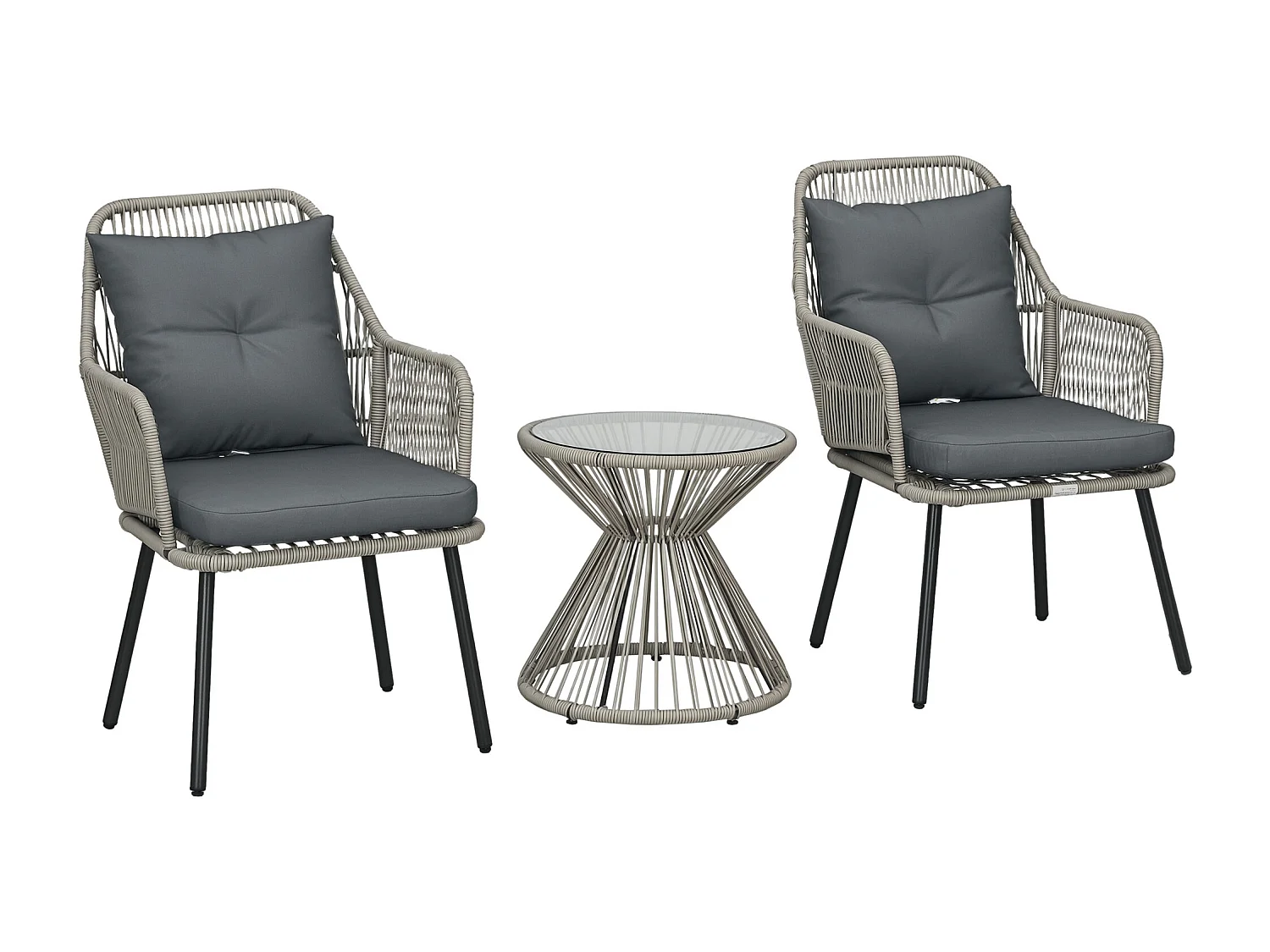 Ensemble salon de jardin 3 pièces style colonial 2 fauteuils coussins table basse acier époxy noir résine filaire gris