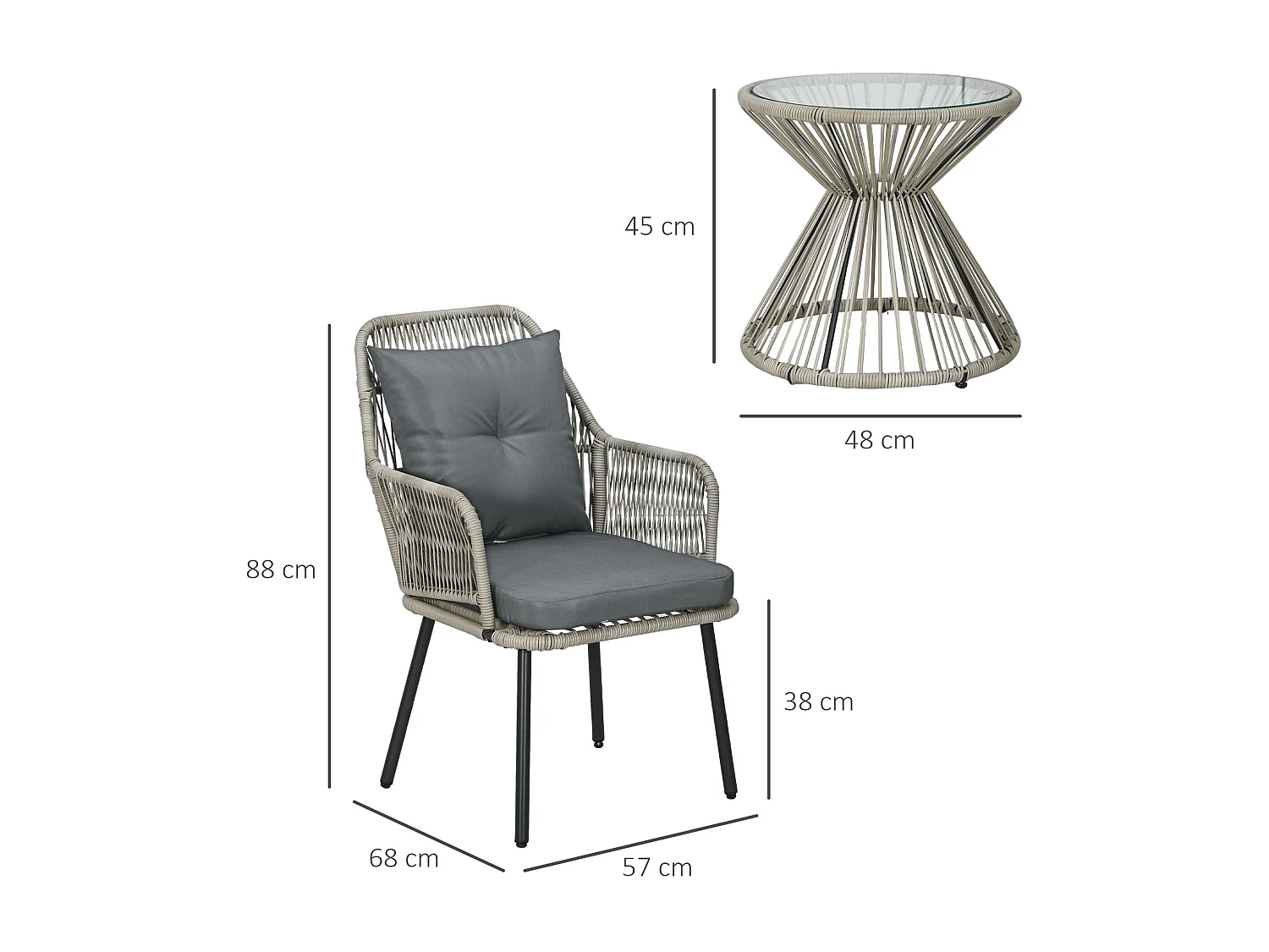 Ensemble salon de jardin 3 pièces style colonial 2 fauteuils coussins table basse acier époxy noir résine filaire gris