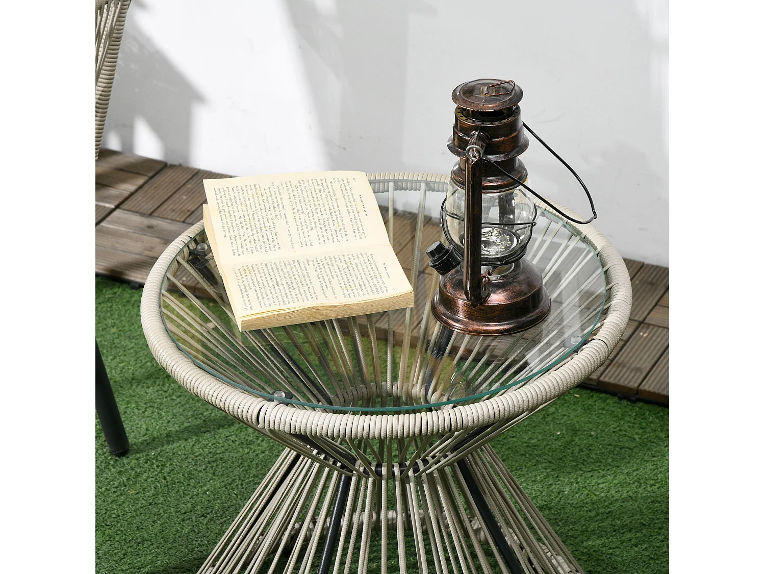 Ensemble salon de jardin 3 pièces style colonial 2 fauteuils coussins table basse acier époxy noir résine filaire gris