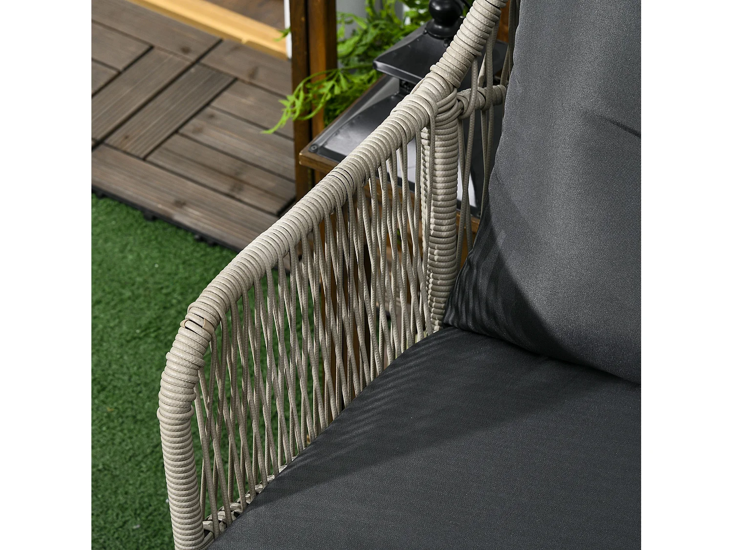 Ensemble salon de jardin 3 pièces style colonial 2 fauteuils coussins table basse acier époxy noir résine filaire gris