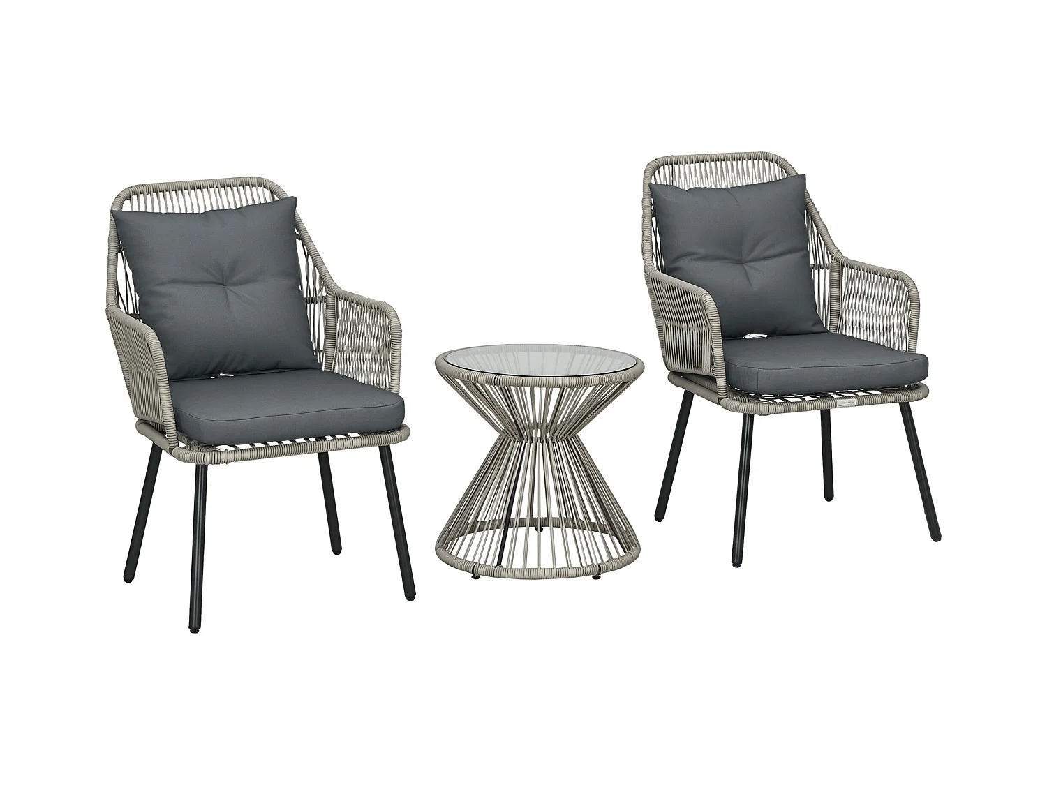 Ensemble salon de jardin 3 pièces style colonial 2 fauteuils coussins table basse acier époxy noir résine filaire gris