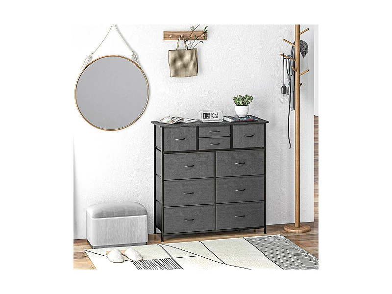 Meuble de rangement commode 10 tiroirs plateau acier MDF non tissé noir