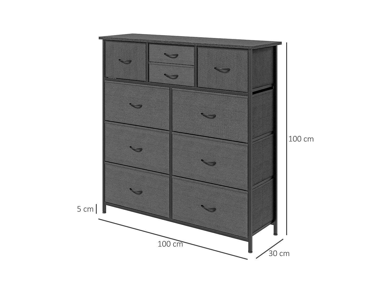Meuble de rangement commode 10 tiroirs plateau acier MDF non tissé noir