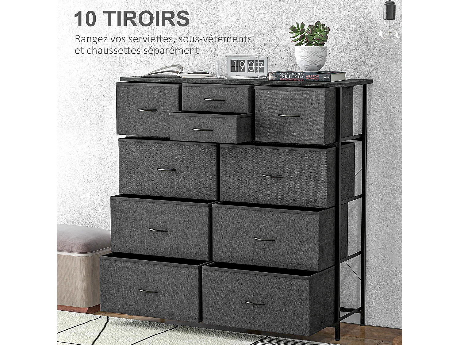 Meuble de rangement commode 10 tiroirs plateau acier MDF non tissé noir