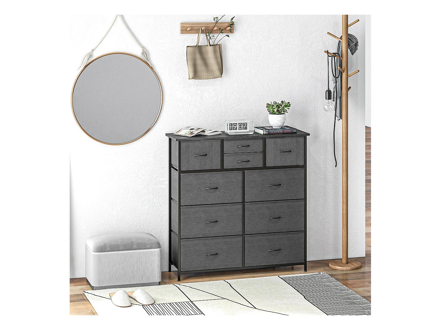 Meuble de rangement commode 10 tiroirs plateau acier MDF non tissé noir