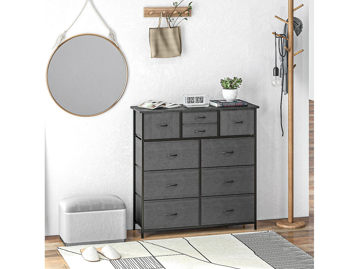 Meuble de rangement commode 10 tiroirs plateau acier MDF non tissé noir