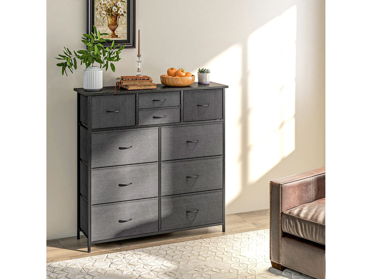 Meuble de rangement commode 10 tiroirs plateau acier MDF non tissé noir