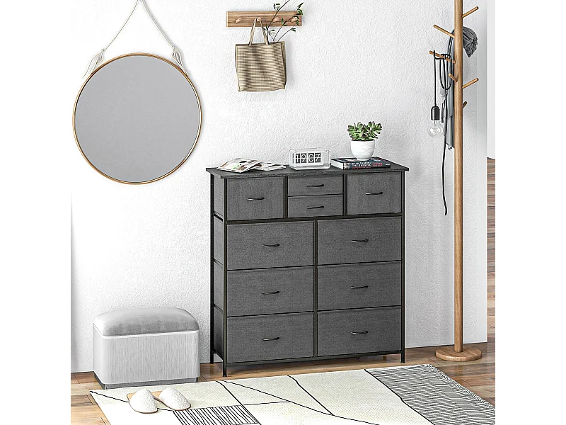 Meuble de rangement commode 10 tiroirs plateau acier MDF non tissé noir