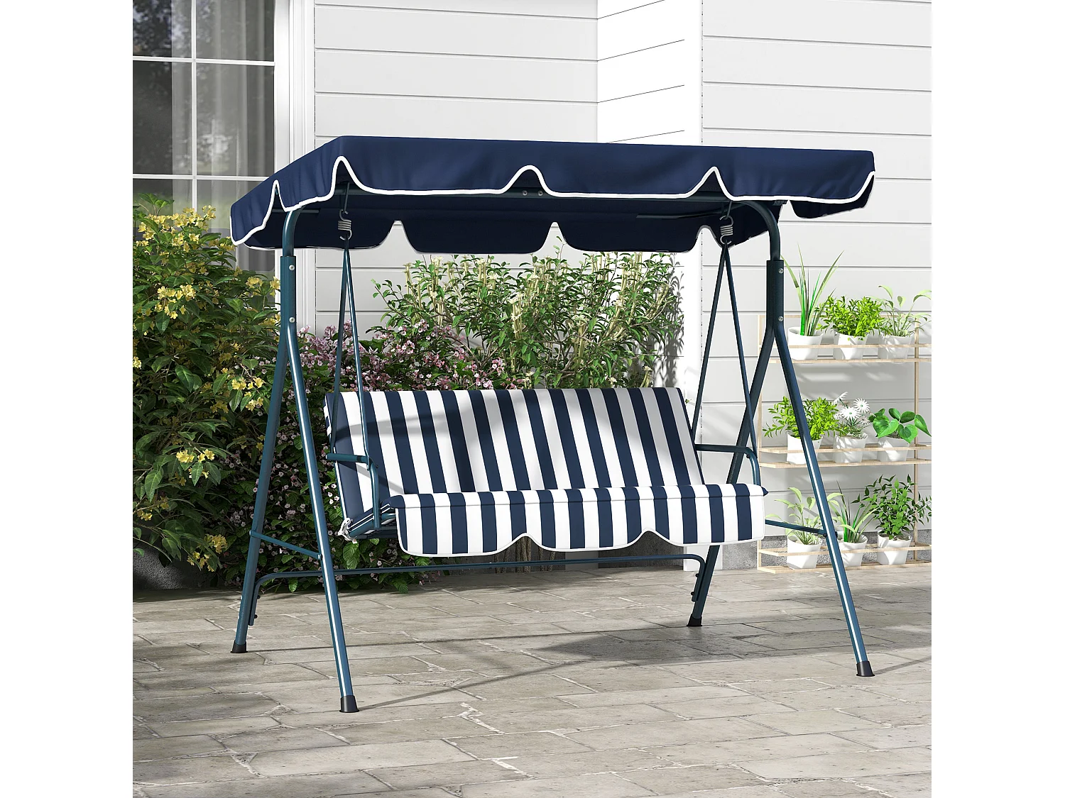 Balancelle de jardin 3 places toit réglable acier polyester bleu blanc rayé