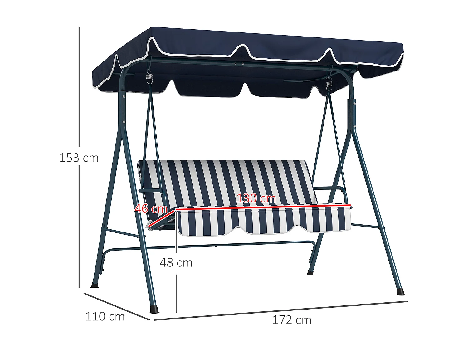 Balancelle de jardin 3 places toit réglable acier polyester bleu blanc rayé