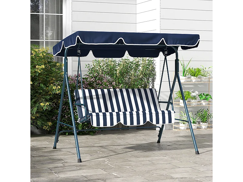 Balancelle de jardin 3 places toit réglable acier polyester bleu blanc rayé
