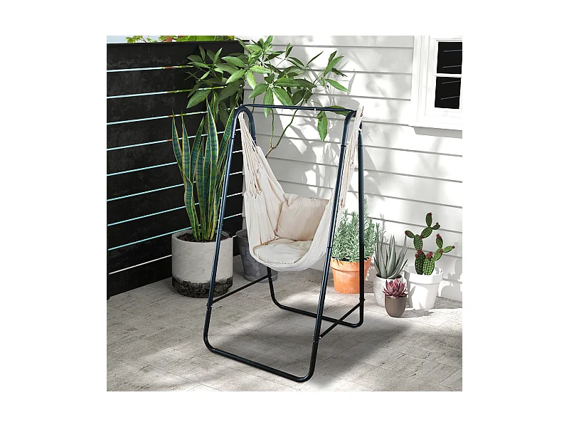 Chaise suspendue de jardin avec support et coussin acier noir coton beige