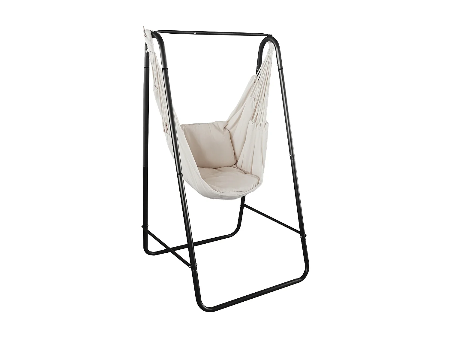 Chaise suspendue de jardin avec support et coussin acier noir coton beige