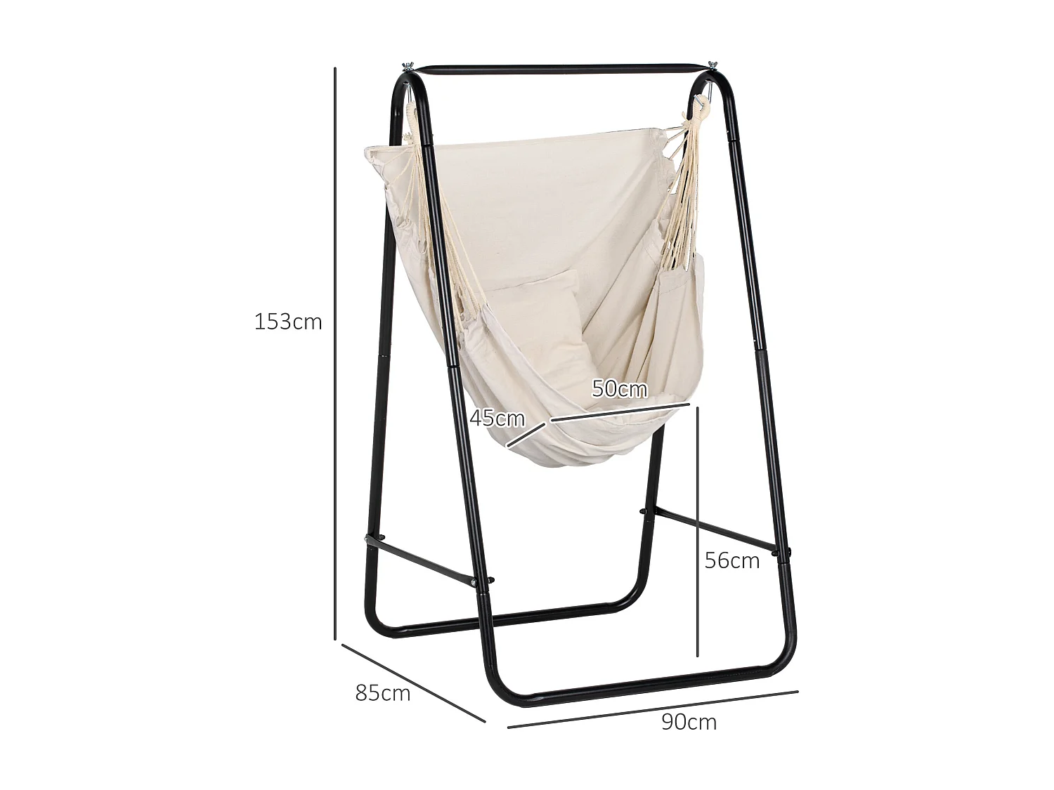 Chaise suspendue de jardin avec support et coussin acier noir coton beige