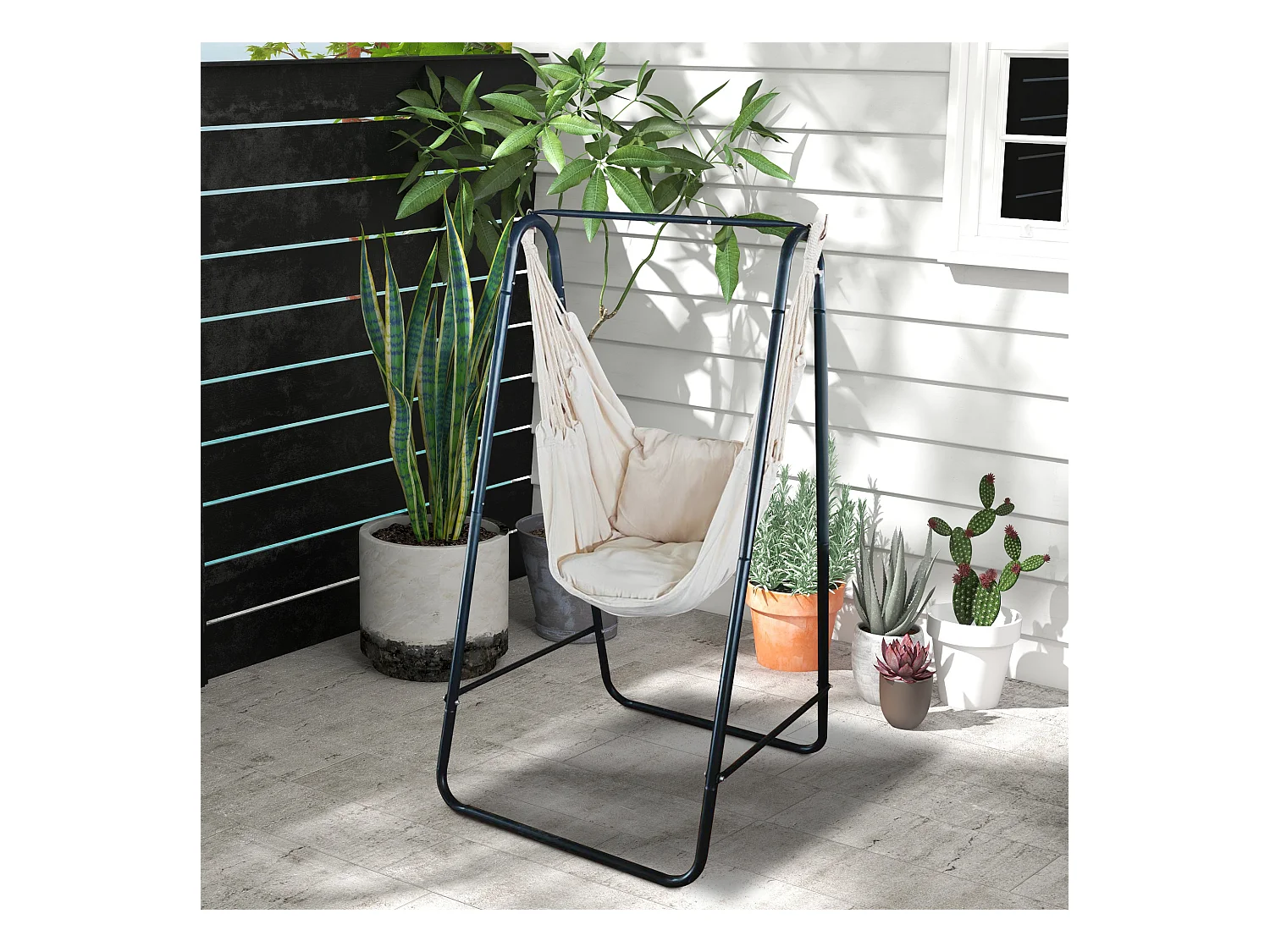 Chaise suspendue de jardin avec support et coussin acier noir coton beige