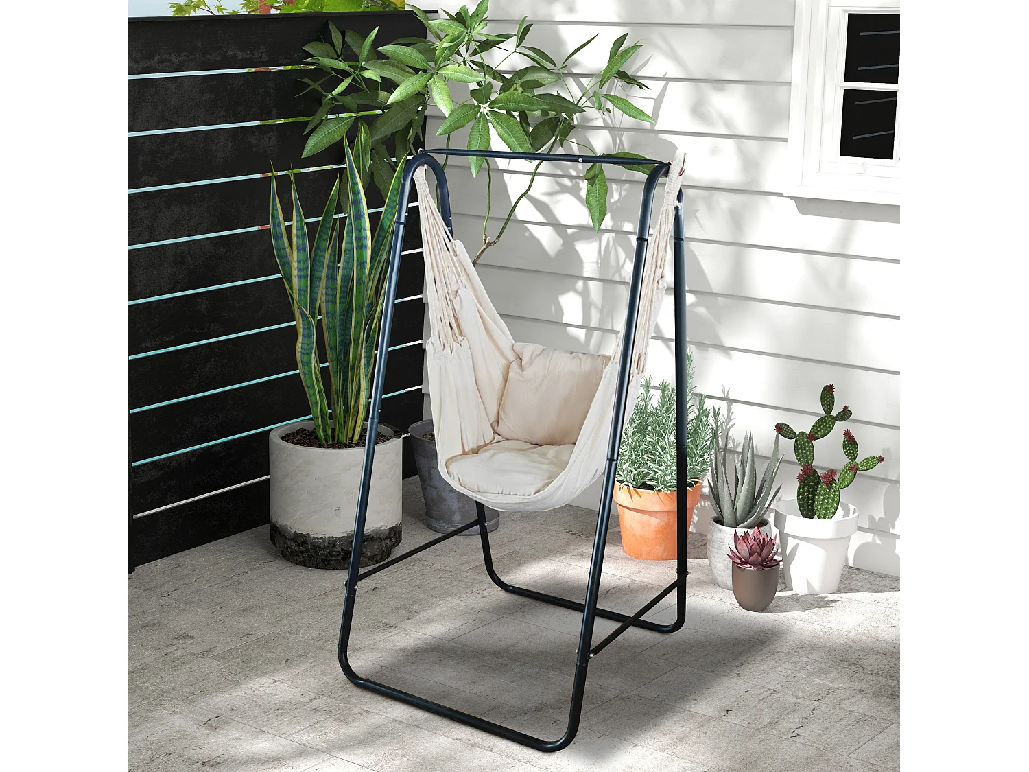 Chaise suspendue de jardin avec support et coussin acier noir coton beige