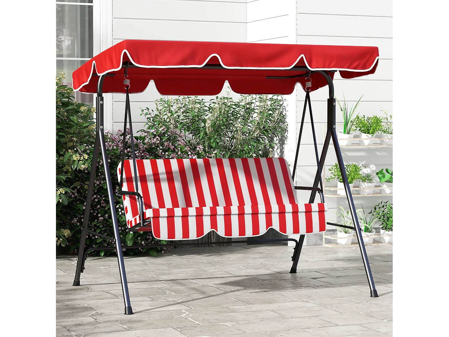 Balancelle de jardin 3 places toit inclinaison réglable coussins assise et dossier 1,72L x 1,1l x 1,52H m acier noir polyester rouge et blanc