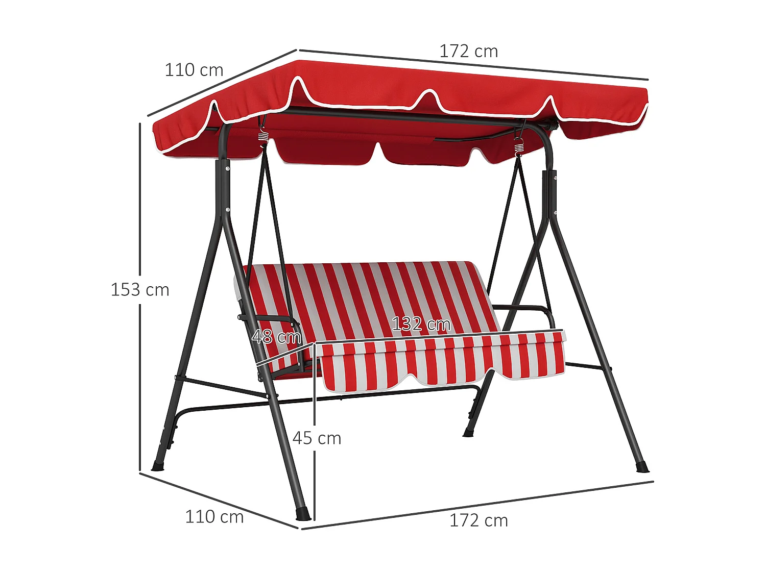 Balancelle de jardin 3 places toit inclinaison réglable coussins assise et dossier 1,72L x 1,1l x 1,52H m acier noir polyester rouge et blanc