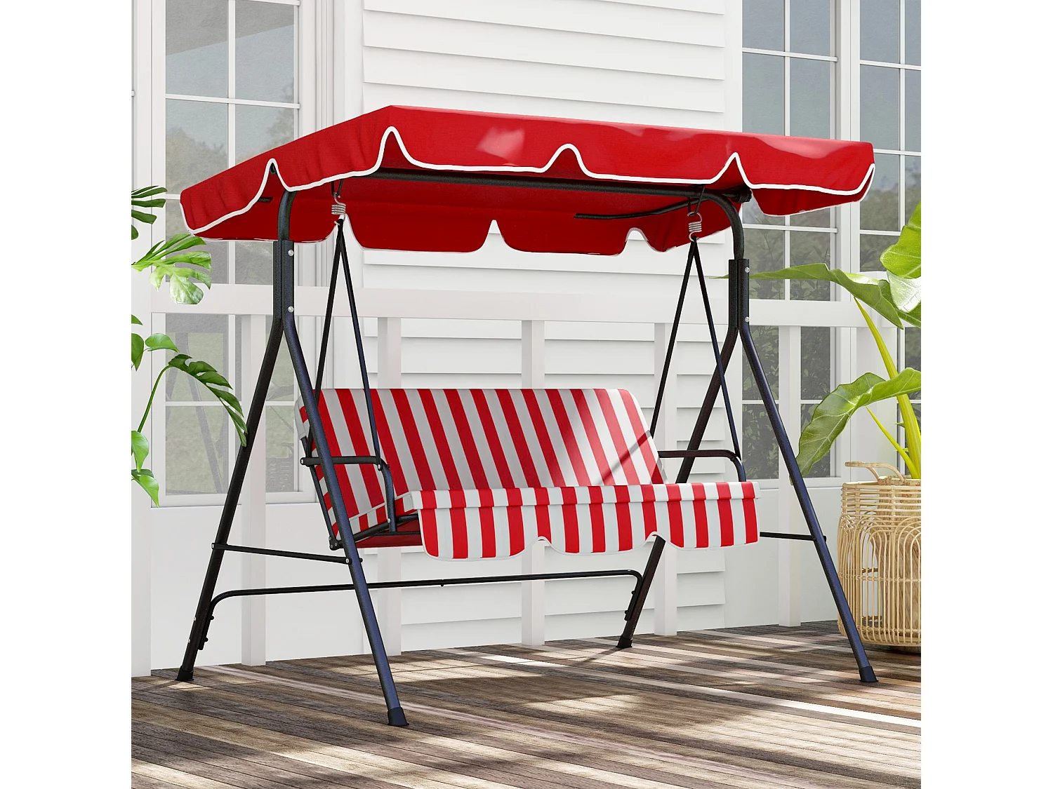 Balancelle de jardin 3 places toit inclinaison réglable coussins assise et dossier 1,72L x 1,1l x 1,52H m acier noir polyester rouge et blanc