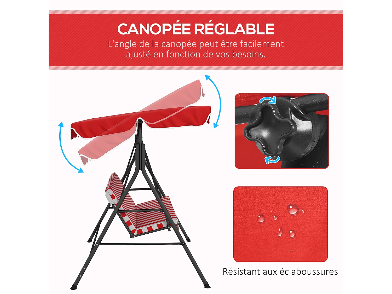 Balancelle de jardin 3 places toit inclinaison réglable coussins assise et dossier 1,72L x 1,1l x 1,52H m acier noir polyester rouge et blanc