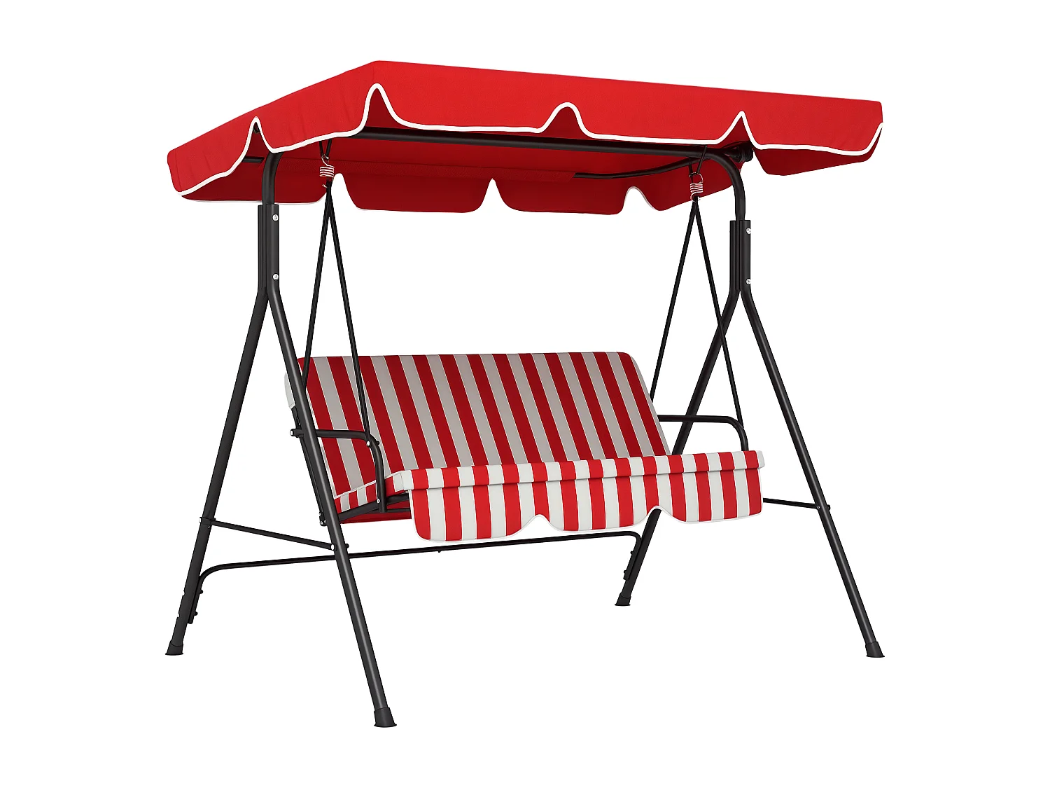 Balancelle de jardin 3 places toit inclinaison réglable coussins assise et dossier 1,72L x 1,1l x 1,52H m acier noir polyester rouge et blanc