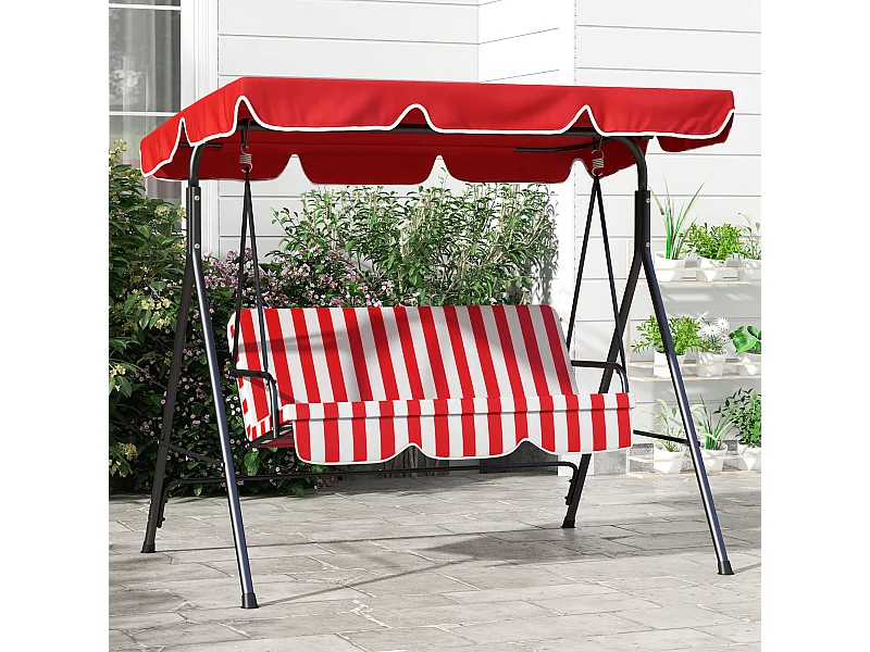 Balancelle de jardin 3 places toit inclinaison réglable coussins assise et dossier 1,72L x 1,1l x 1,52H m acier noir polyester rouge et blanc
