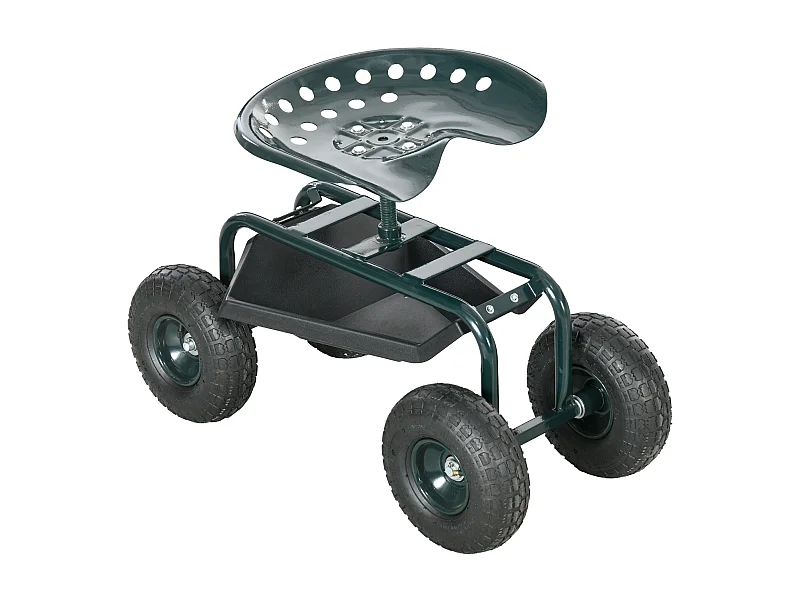 2 en 1 tabouret pivotant réglable chariot mobile de jardin charge max. 150 Kg rangement acier vert