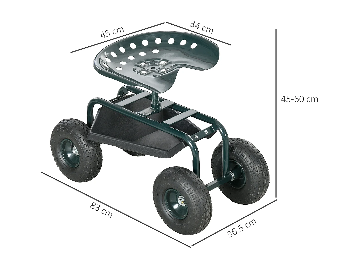 2 en 1 tabouret pivotant réglable chariot mobile de jardin charge max. 150 Kg rangement acier vert