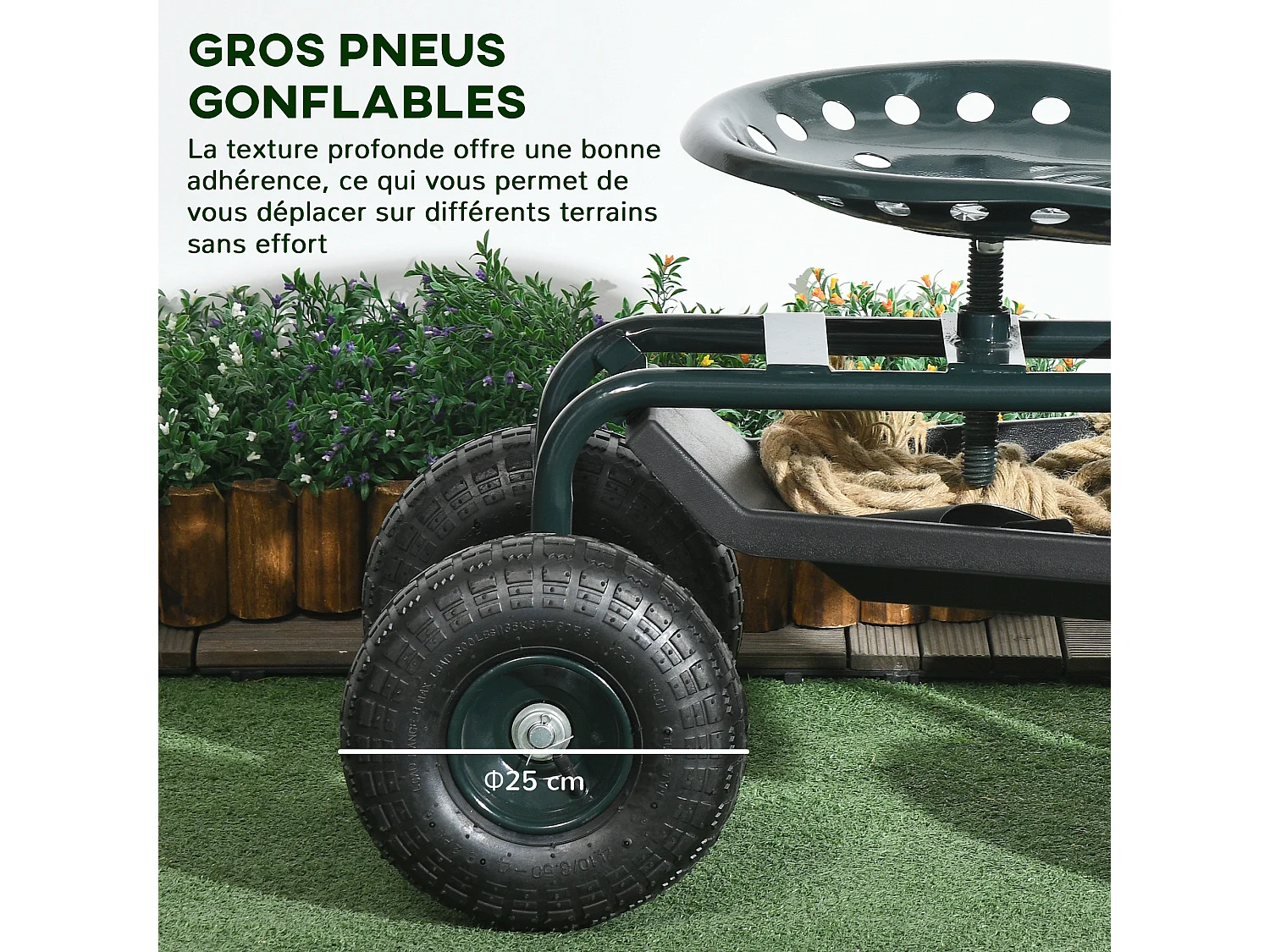 2 en 1 tabouret pivotant réglable chariot mobile de jardin charge max. 150 Kg rangement acier vert