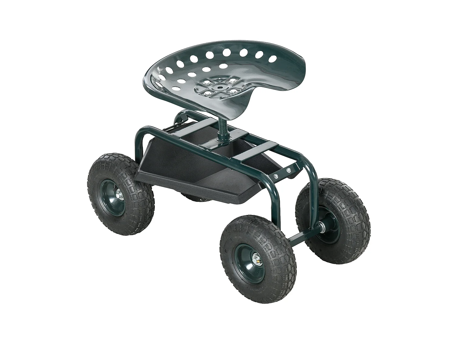 2 en 1 tabouret pivotant réglable chariot mobile de jardin charge max. 150 Kg rangement acier vert