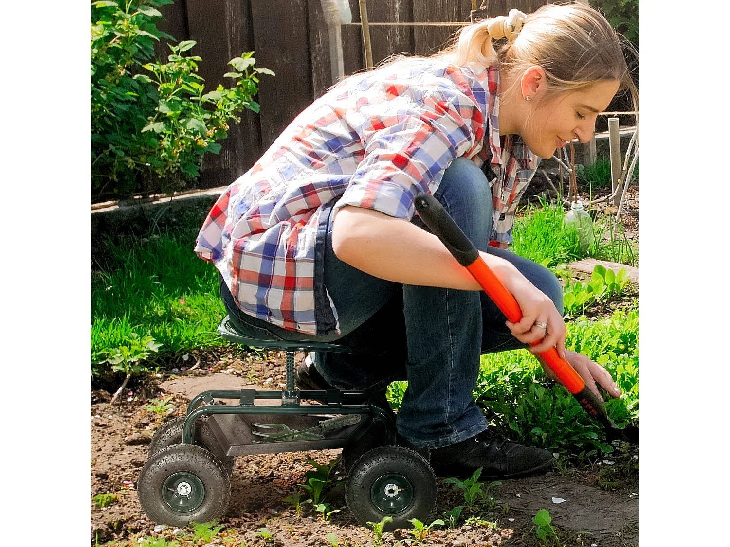 2 en 1 tabouret pivotant réglable chariot mobile de jardin charge max. 150 Kg rangement acier vert