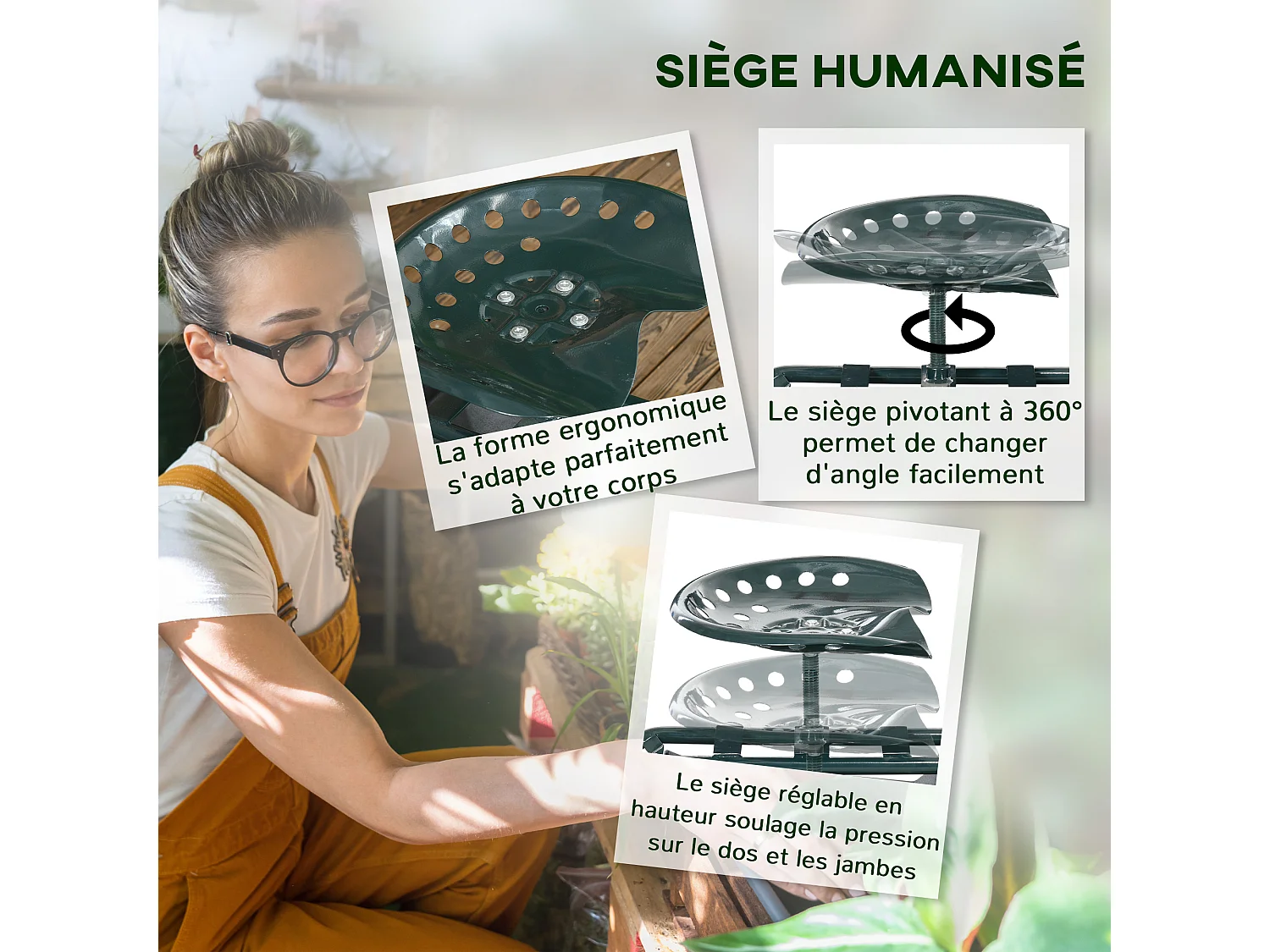 2 en 1 tabouret pivotant réglable chariot mobile de jardin charge max. 150 Kg rangement acier vert