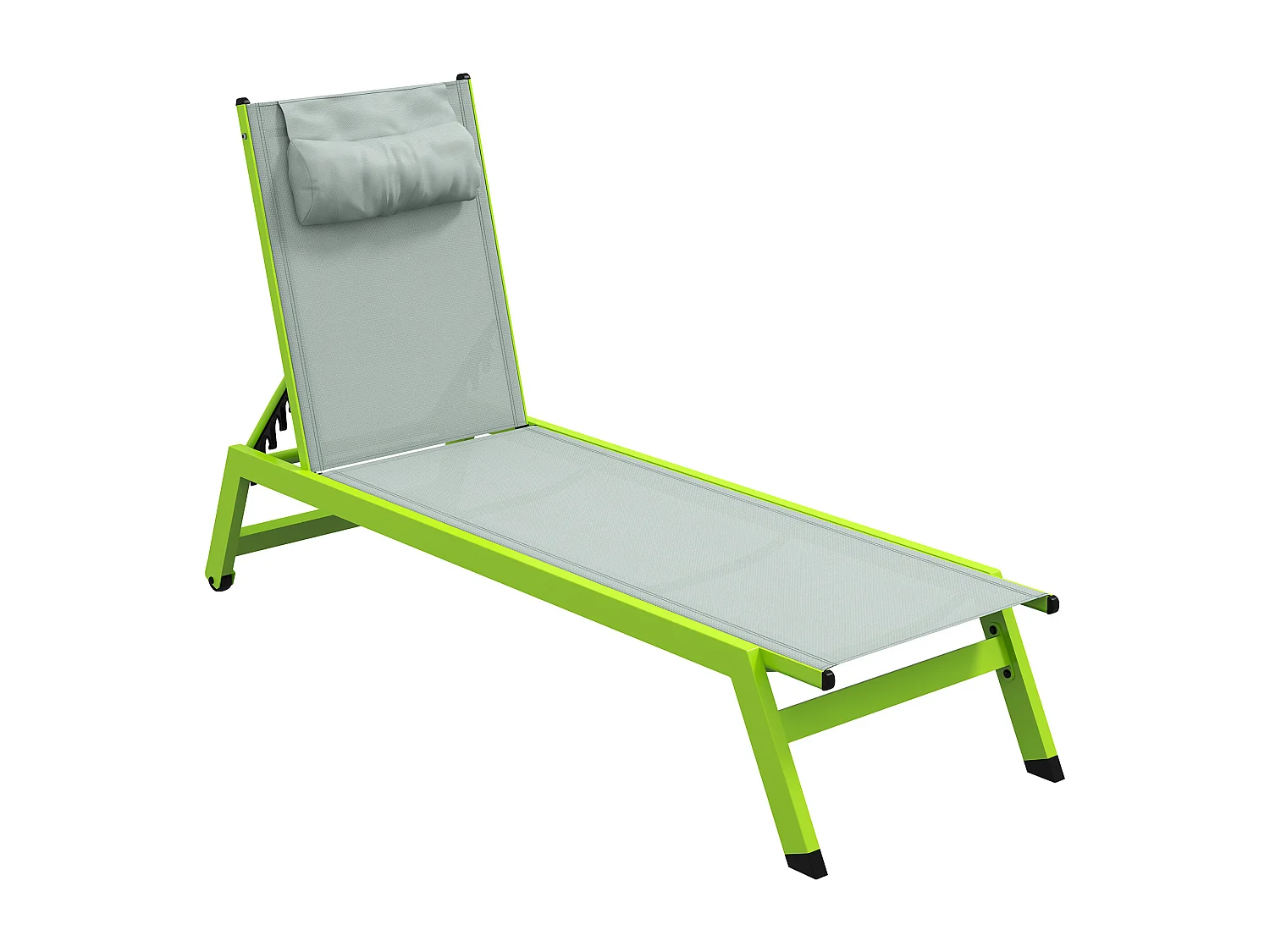 Bain de soleil transat inclinable 5 positions - tétière, 2 roulettes - alu. textilène vert