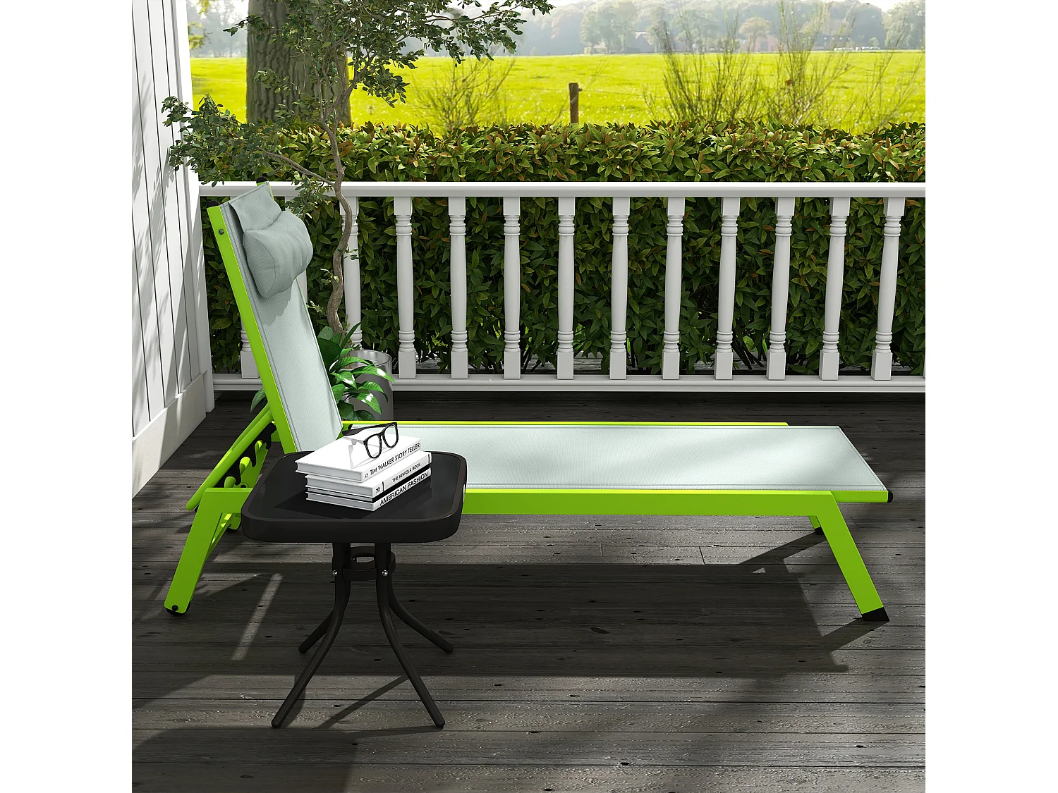 Bain de soleil transat inclinable 5 positions - tétière, 2 roulettes - alu. textilène vert