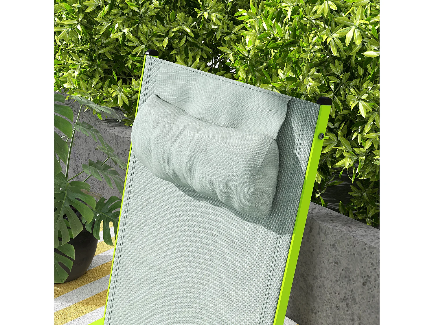 Bain de soleil transat inclinable 5 positions - tétière, 2 roulettes - alu. textilène vert